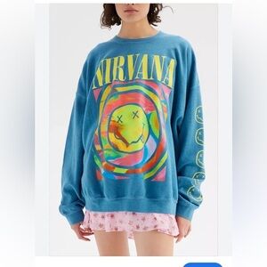 Urban Outfitters Nirvana Smily Face Overdyed Sweatshirt Blue